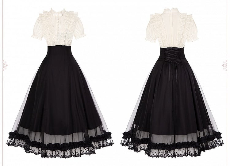 Beige Ruffled Blouse & Black Long Skirt Fake Two Pieces Lolita Dress - With PUJI