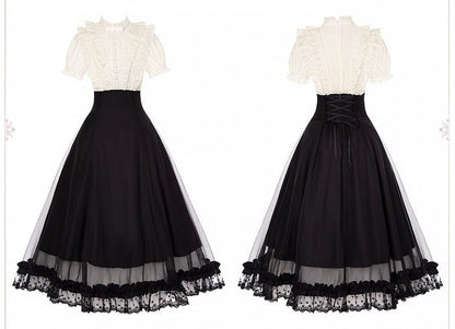 Beige Ruffled Blouse & Black Long Skirt Fake Two Pieces Lolita Dress - With PUJI