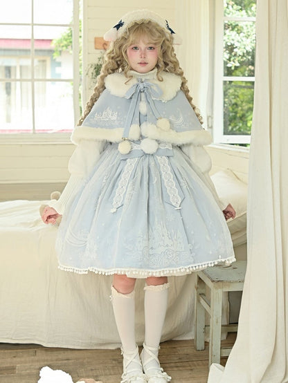 Lolita Jumper Cape Light Print Castle Skirt Plush Snow Moon with Trim Overlay Blue Set