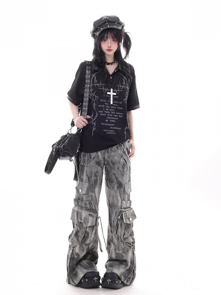 Dark Kawaii Black Polo Collar Short Sleeve Top with Letter Print - KNOW8 Online Shop