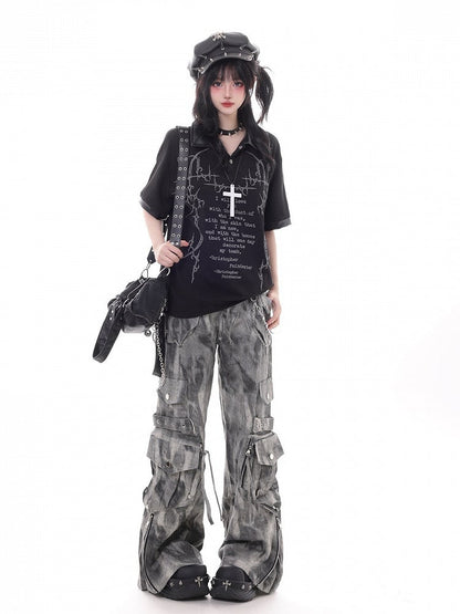Dark Kawaii Black Polo Collar Short Sleeve Top with Letter Print - KNOW8 Online Shop