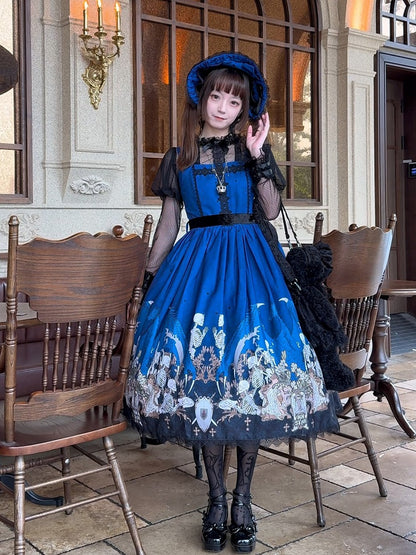 Blue Square Neck Skeleton Cross Gothic JSK Dress - NnSTAR