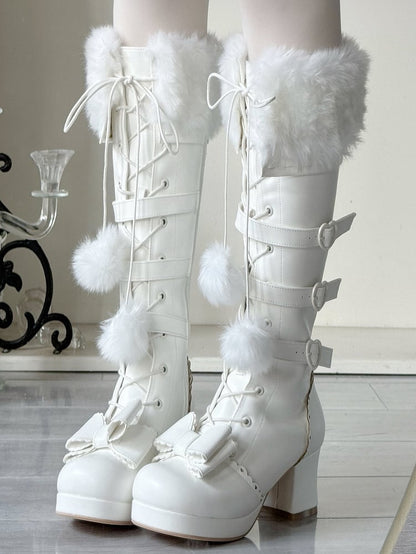 Boots - PU Cuff Charm Plush Closure Mid-heel Lace-up Creamy Pompon Knee-Length in White with