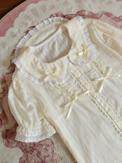 Beige Sweet Peter Pan Collar Short Sleeve Cotton Blouse Lolita - Jelly Girl
