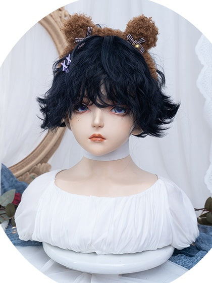 Dark Blue Short Wavy Boy Style Wig
