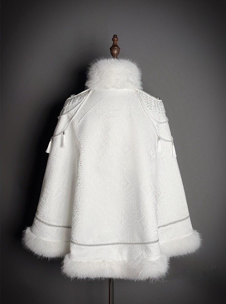 Fur-Trimmed White Decoration and Cape with Buckle Faux Breasted Lolita Military Double Tassel