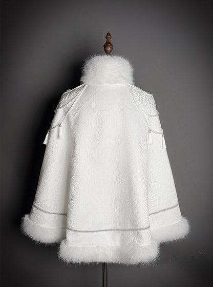 Fur-Trimmed White Decoration and Cape with Buckle Faux Breasted Lolita Military Double Tassel