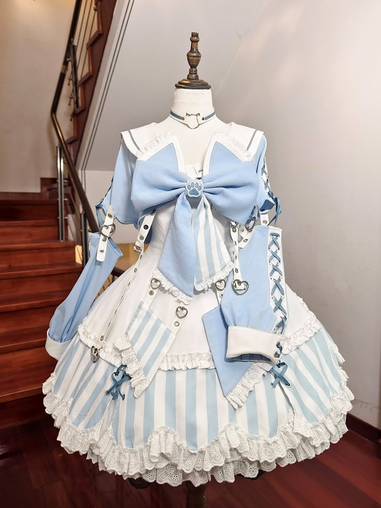 Kitty Light Bow Kaiwai Set Blaues JSK-Kleid Kurz geschnittenes Tenshi Lolita Sailor Striped Big Top Muster Ohren + - Kragen