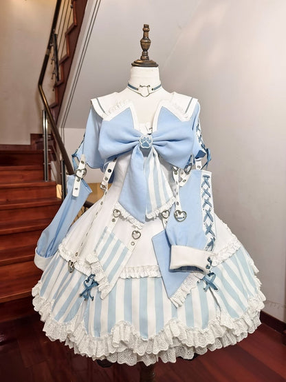 Kitty Light Bow Kaiwai Set Blaues JSK-Kleid Kurz geschnittenes Tenshi Lolita Sailor Striped Big Top Muster Ohren + - Kragen