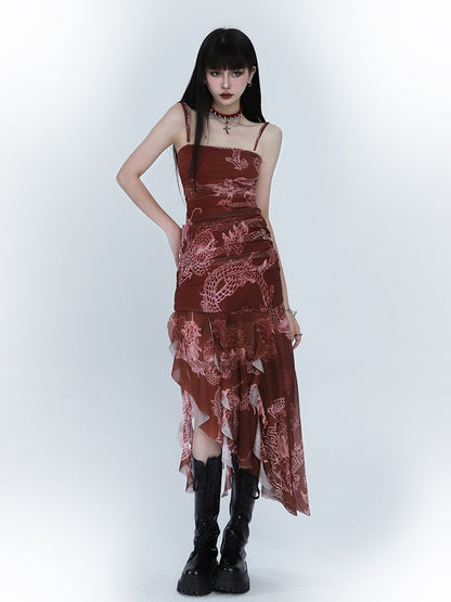 Red Dragon Print Asymmetrical Hem Slim-fitting Dress