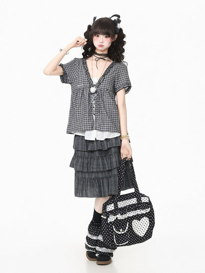 Gray Plaid V Neck Short Sleeve Top - Languid Park