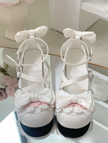 Ankle Straps Sweet Design Heart Dual With Detachable at Buckle Buckles White Crisscross Shoes Bow Top Lolita