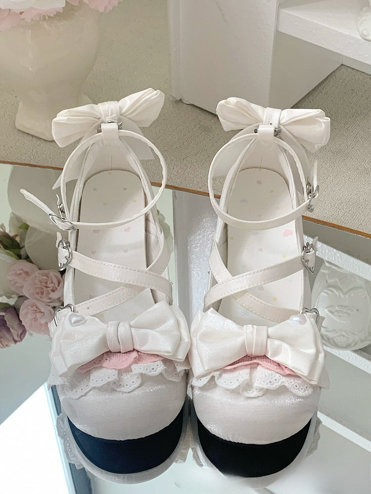 Straps White at Top Design With Crisscross Sweet Heart Bow Buckles Ankle Dual Lolita Shoes Buckle Detachable