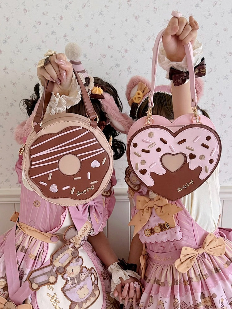 Chocolate Donut Round Lolita Bag with Crossbody Strap and Top Handle - Sheep Puff Bag