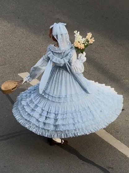 Elegant Dress Sleeves Long Lolita Button-Front with Blue Detail Ruffle Tiered