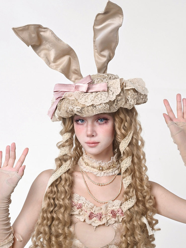 Lace Elegance Accent Bunny Hat Pink – Bow French Ear