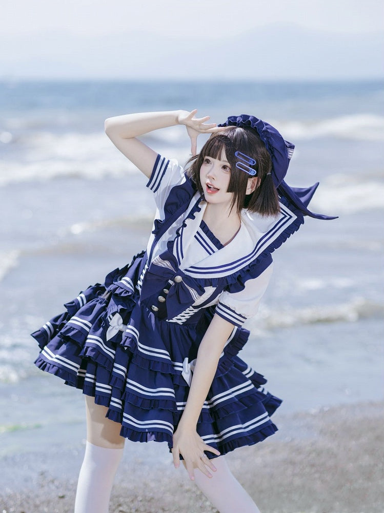 Süße Lolita-Bluse mit Akzent, blauer Schleife, Matrosenkragen, marineblau, mit Rüschen