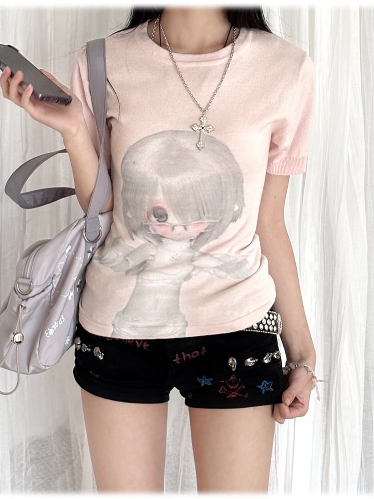 ネックBJDドールプリントスリムフィットTシャツピンクラウンド