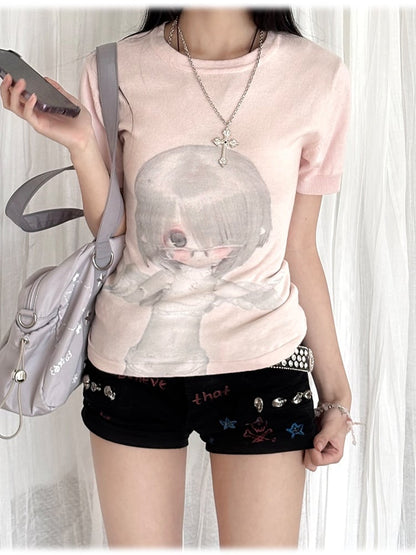 ネックBJDドールプリントスリムフィットTシャツピンクラウンド