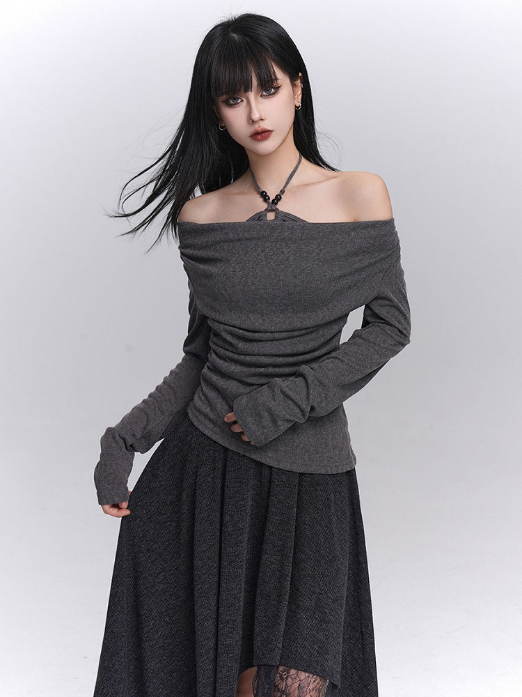 Ruched Halter with Gray Gothic Top Two-Piece Faux Design Off-the-shoulder Dark