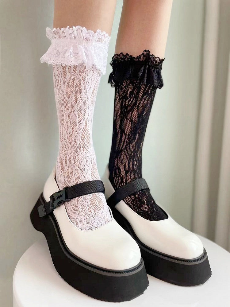 White/Yellow/Black Ruffled Lace Cuff Lolita Socks