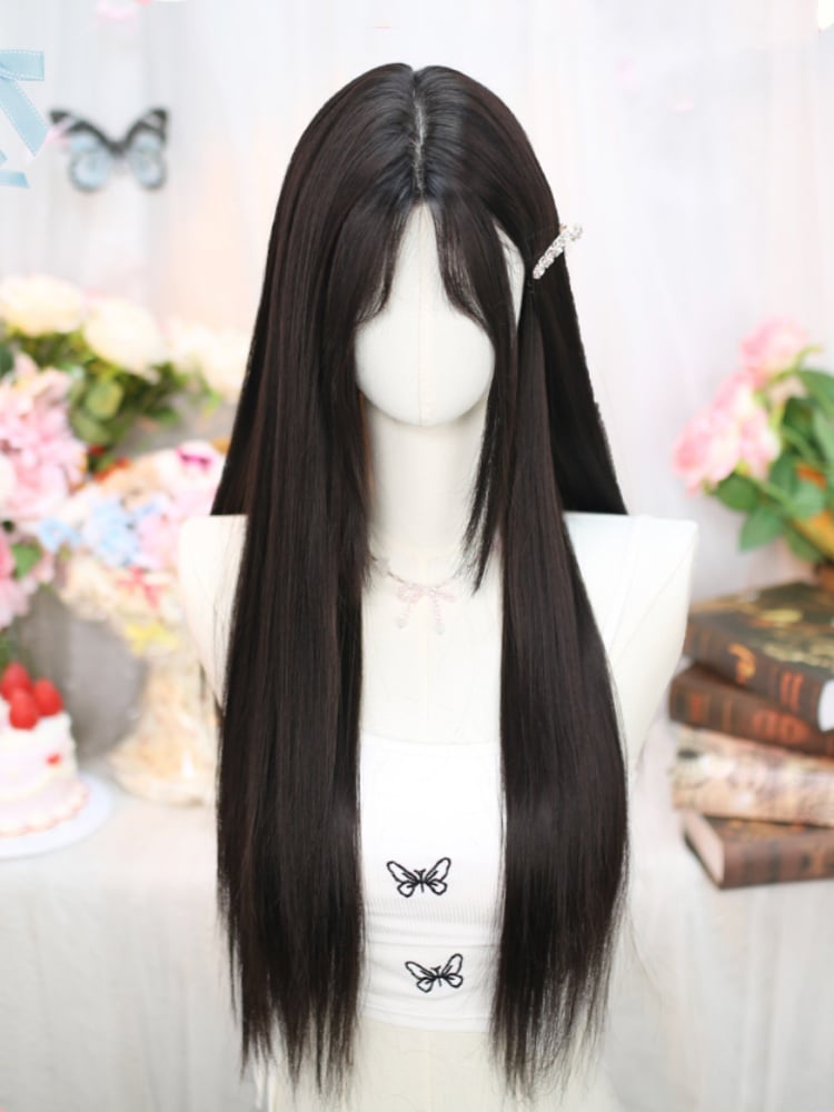 Black Tea Under Bust Length 60-70CM Straight Wig with Curtain Bangs