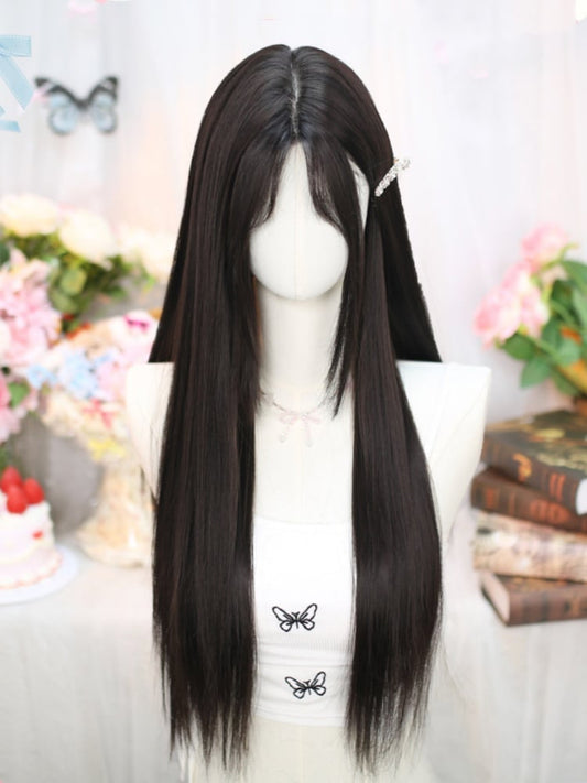 Black Tea Under Bust Length 60-70CM Straight Wig with Curtain Bangs