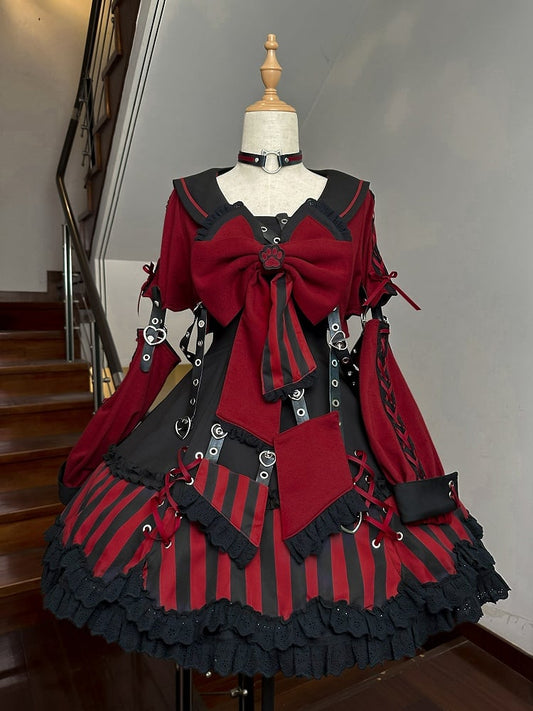 JSK Kragen und Ohren Rotes Kleid Gothic Matrosen-Streifenmuster Groß + Kätzchen Schleife Top Lolita Schwarz Cropped