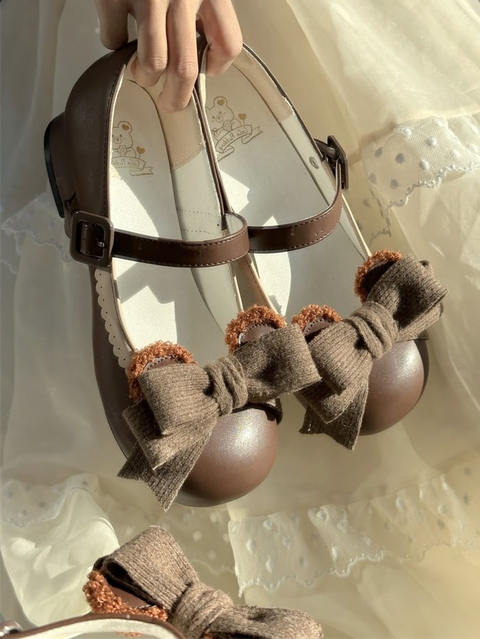 Chocolate Regular/Thicken Scalloped with Version - Sweet Bear-themed Lolita Trim Low/Mid Bow Removable Ornate Heels