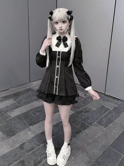 Black Jirai Kei Striped Long-Sleeve Dress with Lace Mesh Cape, Bow Tie & Shorts Set - Puppet Bombs