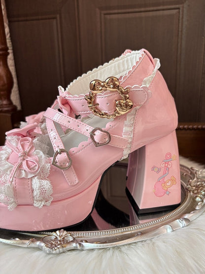 with Pink Crisscross Mary Design Heel - Sweet Lolita PU Print Janes Platform Dessert Spoon