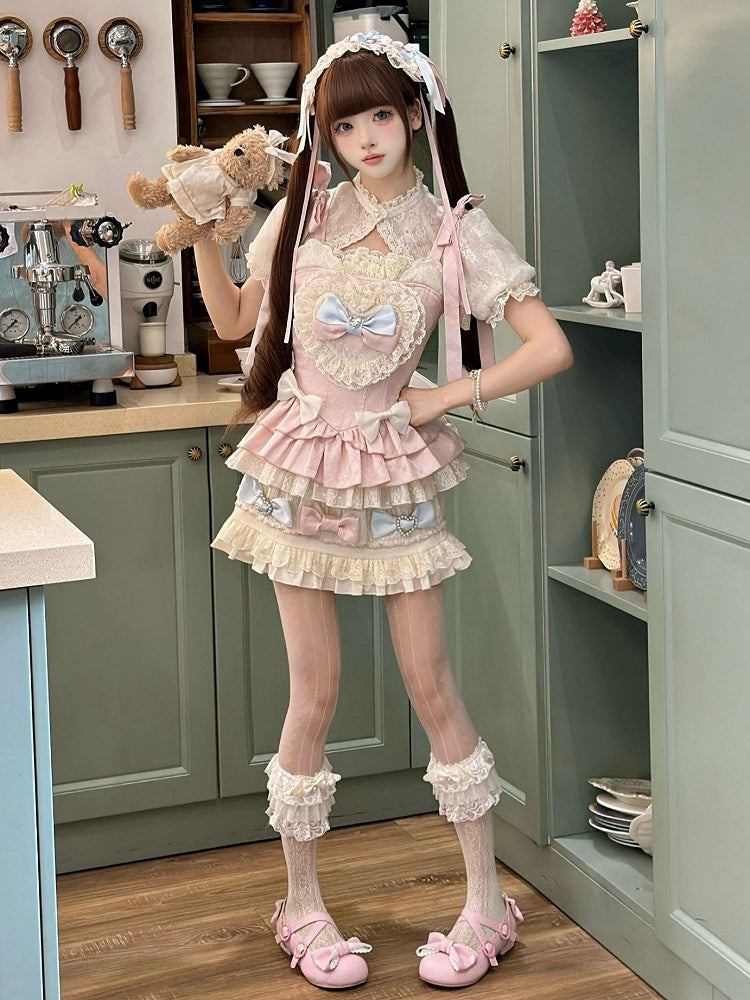 Rock Lolita + Akzente Puff Pink Volle Ärmel und Set Cami Sweet - Top Cropped Bow Blue