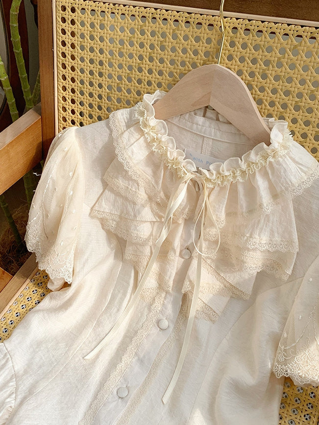 Ärmel Puff Rüschen Bequeme Kurze Atmungsaktive und Ausschnitt Beige Shirt