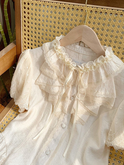 Sleeves Puff Ruffle Comfortable Short Breathable and Neckline Beige Shirt