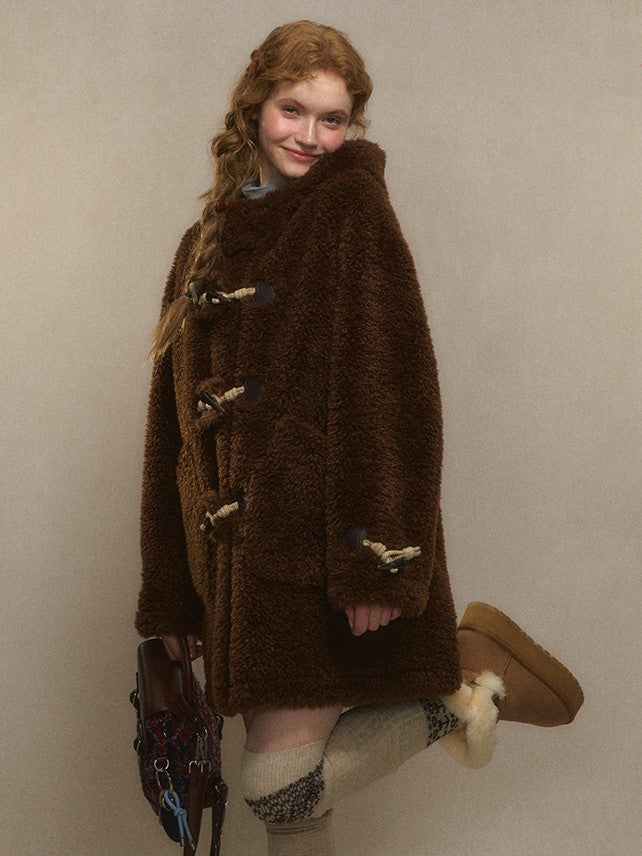 Beige/Brown Toggle Hood Coat with and Closure Long Vintage-Inspired Fleece