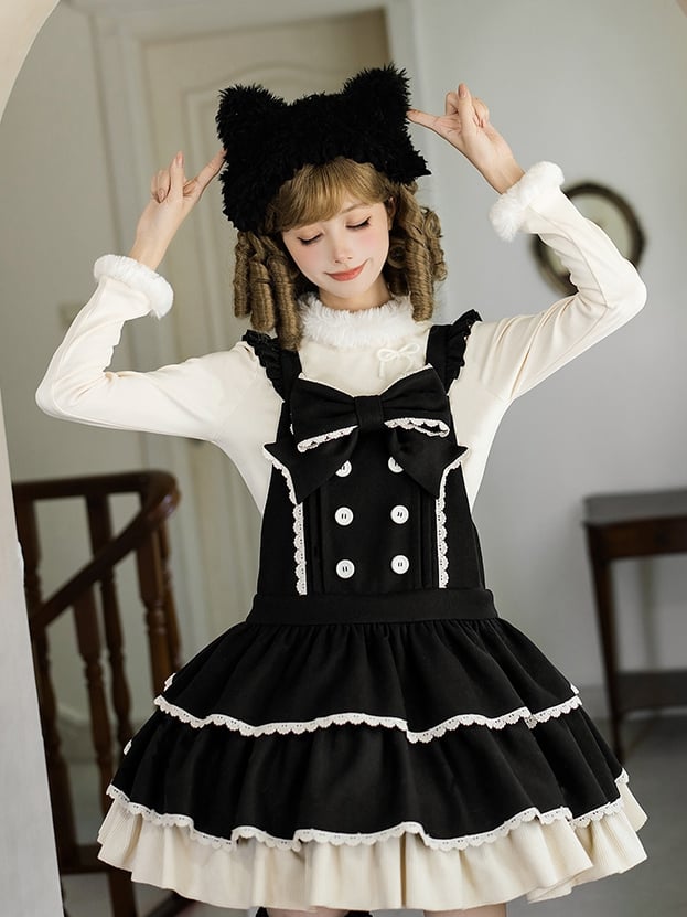 Tiered Ruffle Overall Sweet Dress Black Hem and Shoulder with Straps Lolita Bow