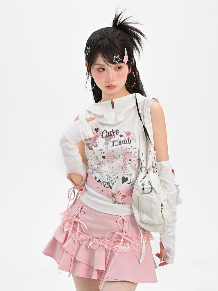 Buckle Armwear Lamb Print White Hooded Free Y2K Cute Tank Top with Star