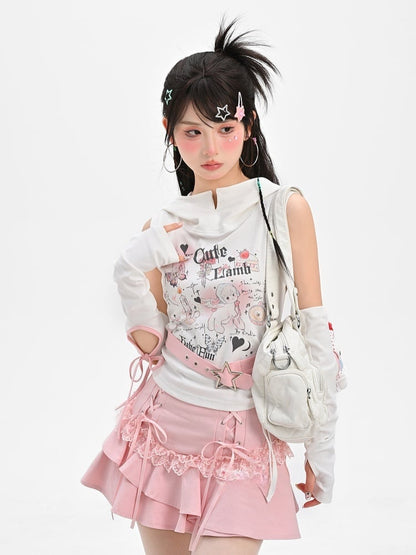 Stufenrock mit Schnürdetails Pink Y2K Asymmetrisch Kawaii Yume