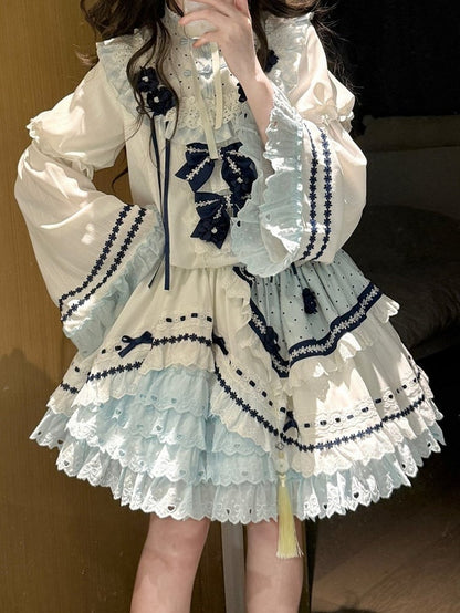 and White Banded Lolita Han Accents Blue Flower Collar Bow Dress with Puff Sleeves