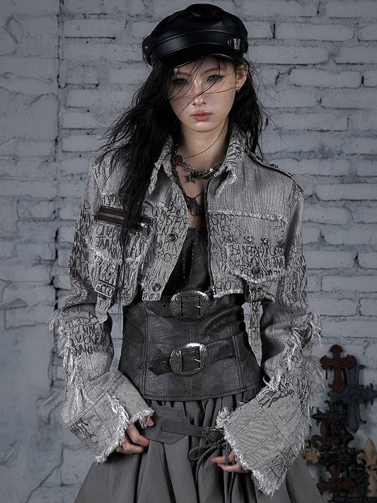 ウェイストランドジャケット ストライプ スケルトン ブラウン クロップド丈 装飾バックル＆パターン パンク