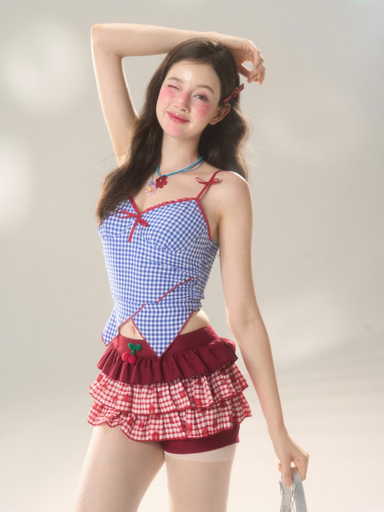 Dunkelblaues Cami-Top mit asymmetrischem Saum und Karomuster