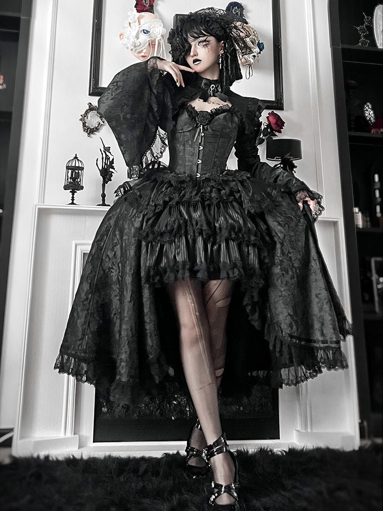 Kuro Gothic Lolita Full Set with Boned Corset Top, Skirt, Collar, Bell Sleeves and Accessories in All Black - Somnium Isle