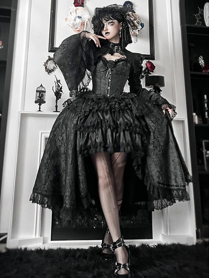 Kuro Gothic Lolita Full Set with Boned Corset Top, Skirt, Collar, Bell Sleeves and Accessories in All Black - Somnium Isle