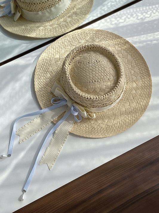 Beige Accents Hat Elegant Straw with Bow Lolita