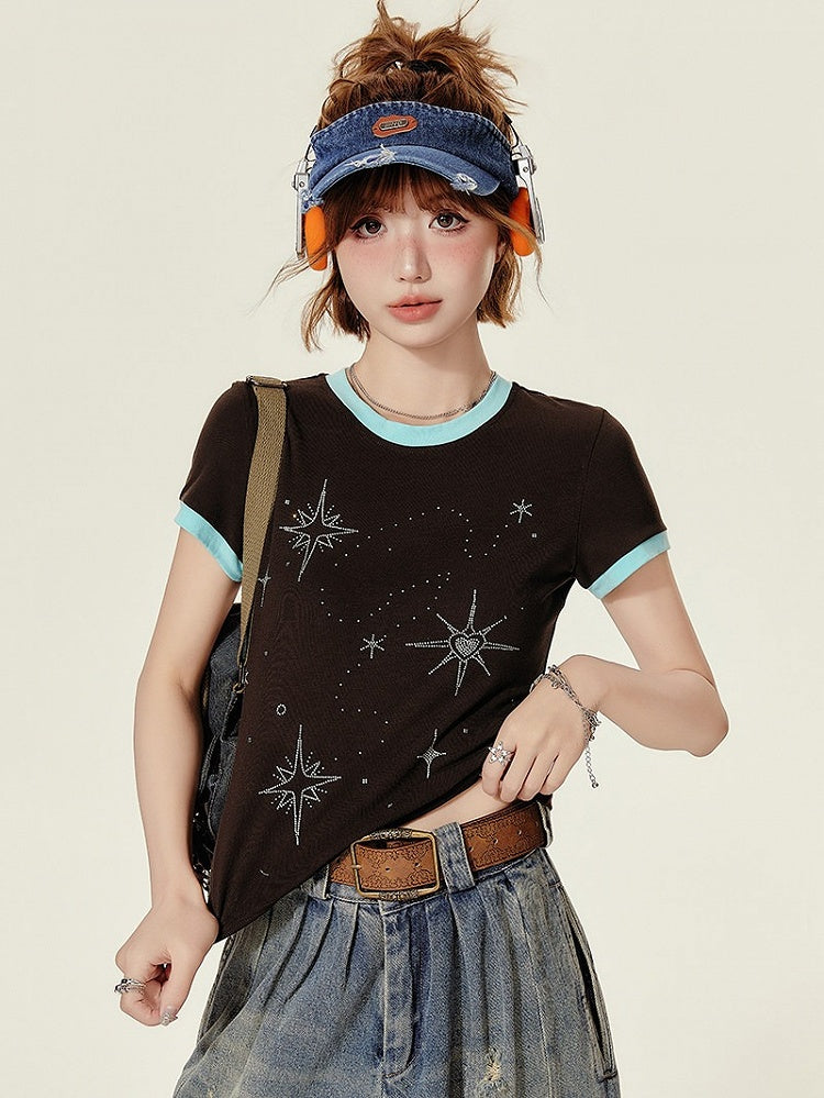 Retro Style Short Sleeve Summer T-Shirt - Star Embellished & Round Neck - Girlyhalo