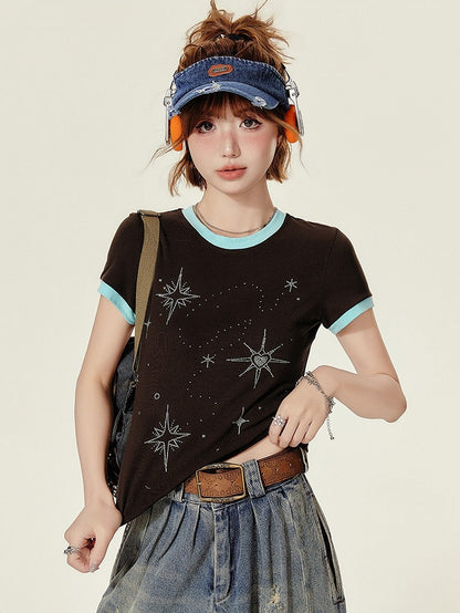 Retro Style Short Sleeve Summer T-Shirt - Star Embellished & Round Neck - Girlyhalo