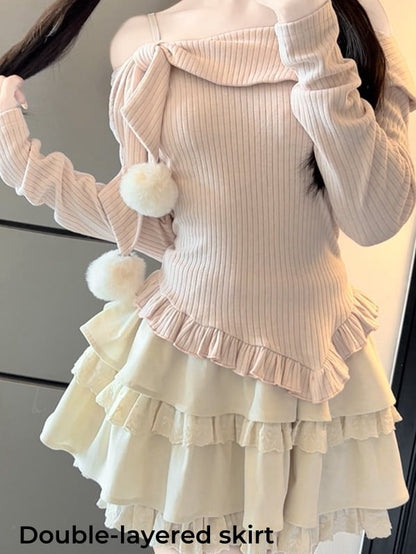 イエローのラウンドフラットカラーセーター+ホワイトカーディガン+ダブルトリプルレイヤー裏地付きスカート