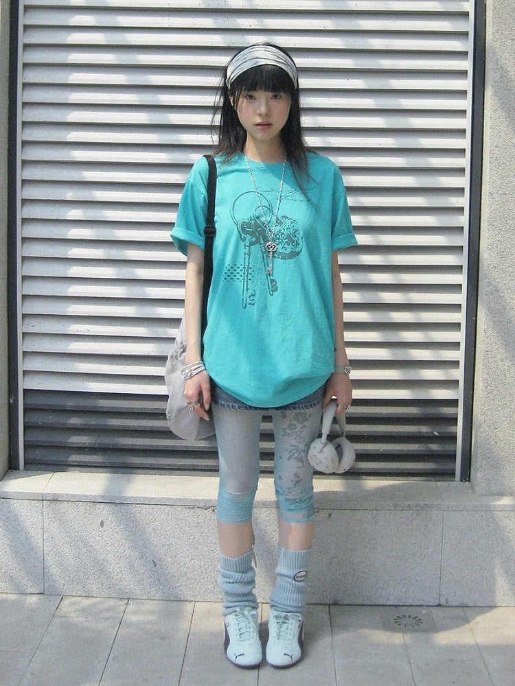 Casual Kawaii Cyan Round Neck Short Sleeve Tee with Key Print
