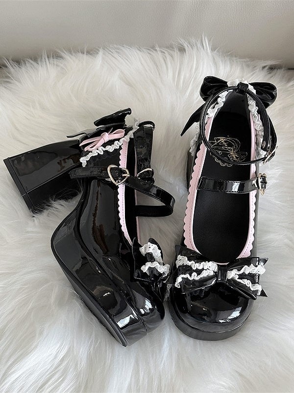 Design Black High Jane Block Heel Lolita Mary Hem with Shoes Elegant Scalloped