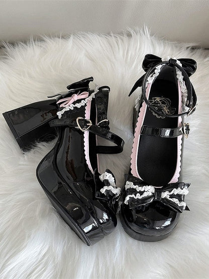 Design Black High Jane Block Heel Lolita Mary Hem with Shoes Elegant Scalloped